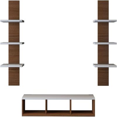 Wall Mounted Tv Unit With Storage Cabinet & Floating Shelf – Brown & White Design Wall Mounted Tv Unit With Storage Cabinet & Floating Shelf – Brown & White Design