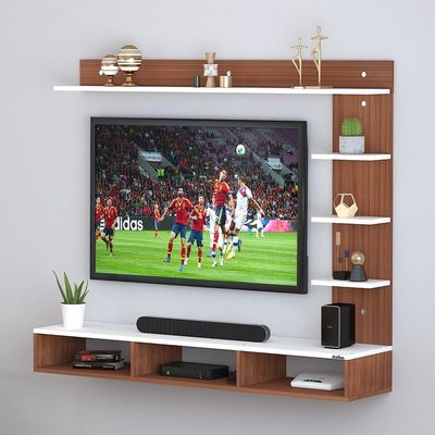 Wood Wall Mount Tv Unit With Side And Top Shelves For Tvs Up To 55 Inches 160Cm Brown & White Wood Wall Mount Tv Unit With Side And Top Shelves For Tvs Up To 55 Inches 160Cm Brown & White