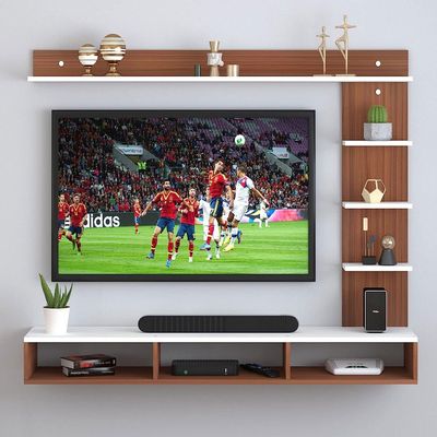 Wood Wall Mount Tv Unit With Side And Top Shelves For Tvs Up To 55 Inches 160Cm Brown & White