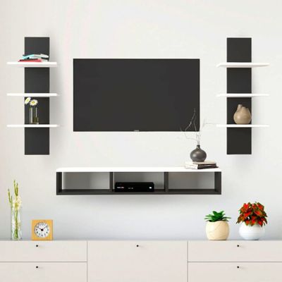 Wall Mounted Tv Unit With Storage Cabinet & Floating Shelf – Black & White Design Wall Mounted Tv Unit With Storage Cabinet & Floating Shelf – Black & White Design