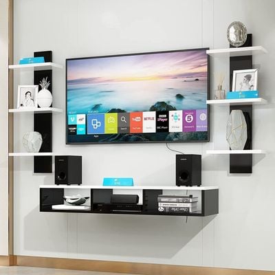 Wall Mounted Tv Unit With Storage Cabinet & Floating Shelf – Black & White Design