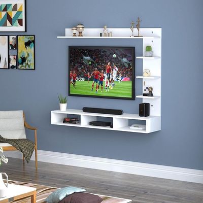 Wood Wall Mount Tv Unit With Side And Top Shelves For Tvs Up To 55 Inches 160Cm White Wood Wall Mount Tv Unit With Side And Top Shelves For Tvs Up To 55 Inches 160Cm White