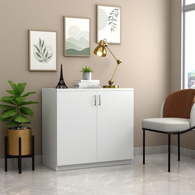 White 2-Door Storage Cabinet – Low Profile Entryway Console with Closed Shelves
