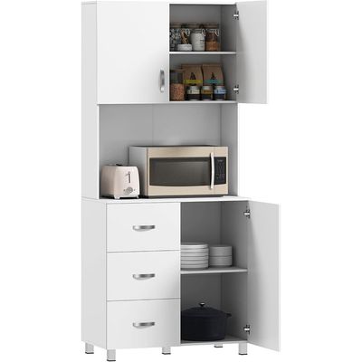 White Kitchen Pantry Hutch – Freestanding Cabinet with Drawer Storage & Microwave Nook