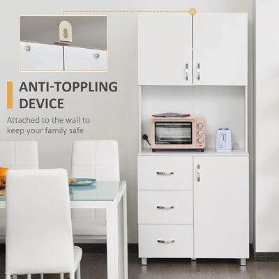 White Kitchen Pantry Hutch – Freestanding Cabinet with Drawer Storage & Microwave Nook