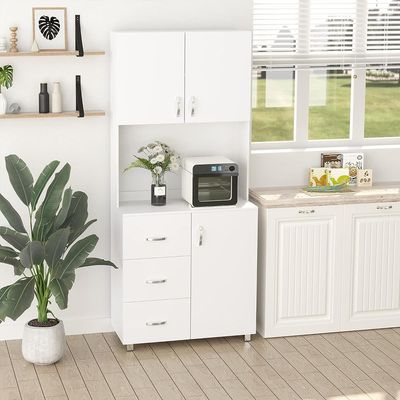White Kitchen Pantry Hutch – Freestanding Cabinet with Drawer Storage & Microwave Nook