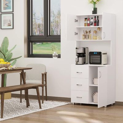 White Kitchen Pantry Hutch – Freestanding Cabinet with Drawer Storage & Microwave Nook
