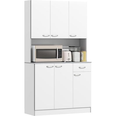 White Kitchen Pantry Hutch – Freestanding Food Storage Cabinet with Microwave Nook