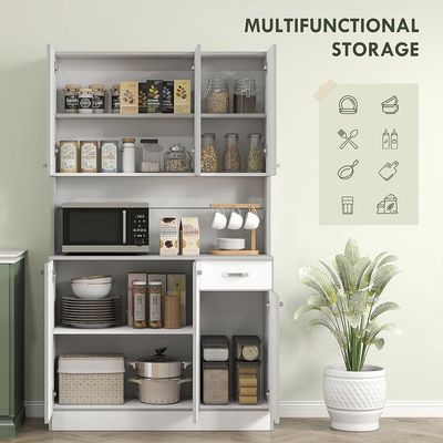 White Kitchen Pantry Hutch – Freestanding Food Storage Cabinet with Microwave Nook