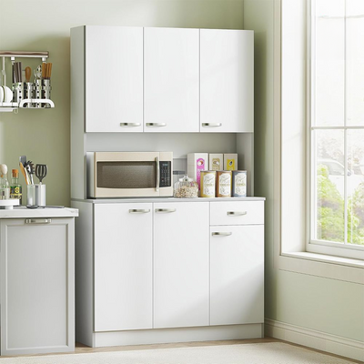 White Kitchen Pantry Hutch – Freestanding Food Storage Cabinet with Microwave Nook