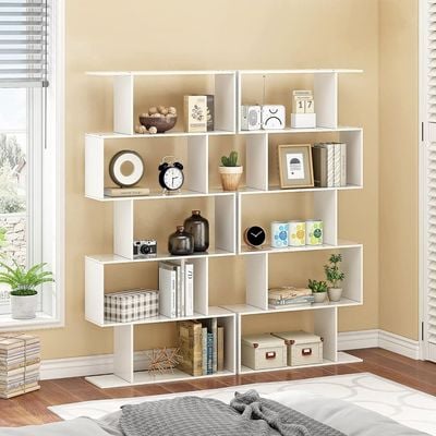 Modern 5-Tier S-Shaped Bookcase | White Zigzag Geometric Display & Storage Shelf
