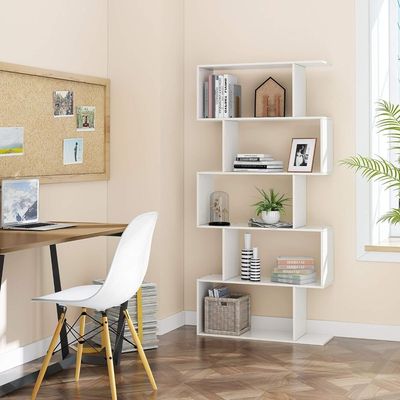 Modern 5-Tier S-Shaped Bookcase | White Zigzag Geometric Display & Storage Shelf Modern 5-Tier S-Shaped Bookcase | White Zigzag Geometric Display & Storage Shelf