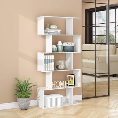 Modern 5-Tier S-Shaped Bookcase | White Zigzag Geometric Display & Storage Shelf