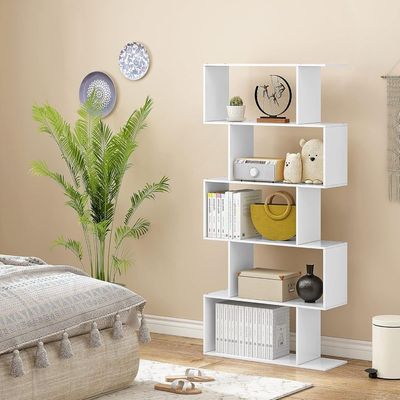 Modern 5-Tier S-Shaped Bookcase | White Zigzag Geometric Display & Storage Shelf