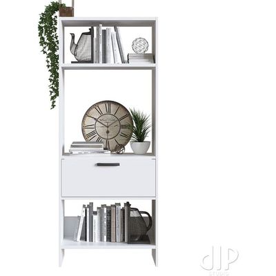 White 4-Tier Open Shelf Bookcase | Storage Unit with Drawer | Modern Display Cabinet