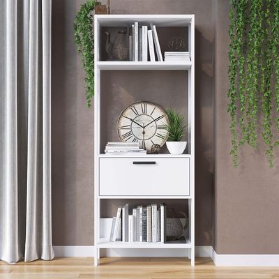 White 4-Tier Open Shelf Bookcase | Storage Unit with Drawer | Modern Display Cabinet White 4-Tier Open Shelf Bookcase | Storage Unit with Drawer | Modern Display Cabinet