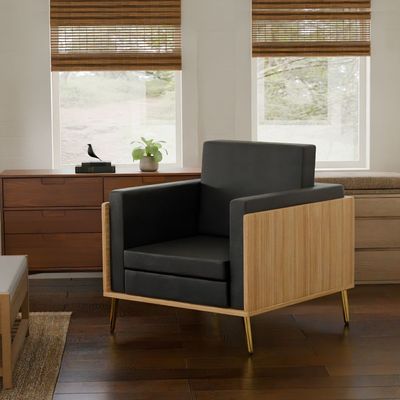 Mahmayi KD 3326 Stylish Single Seat Coco Bolo Wooden Sofa with Golden Legs and Comfortable PU Cushion, Durable and Space Saving Design, Ideal for Home, Office, Living Room and Lounge Area - Black