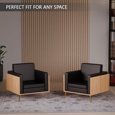 Mahmayi KD 3326 Stylish Single Seat Coco Bolo Wooden Sofa with Golden Legs and Comfortable PU Cushion, Durable and Space Saving Design, Ideal for Home, Office, Living Room and Lounge Area - Black