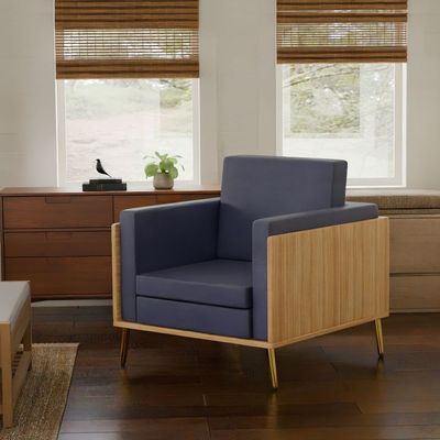 Mahmayi KD 3326 Stylish Single Seat Coco Bolo Wooden Sofa with Golden Legs and Comfortable PU Cushion, Durable and Space Saving Design, Ideal for Home, Office, Living Room and Lounge Area - Blue