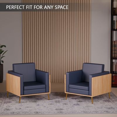 Mahmayi KD 3326 Stylish Single Seat Coco Bolo Wooden Sofa with Golden Legs and Comfortable PU Cushion, Durable and Space Saving Design, Ideal for Home, Office, Living Room and Lounge Area - Blue