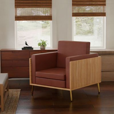 Mahmayi KD 3326 Stylish Single Seat Coco Bolo Wooden Sofa with Golden Legs and Comfortable PU Cushion, Durable and Space Saving Design, Ideal for Home, Office, Living Room and Lounge Area - Brown