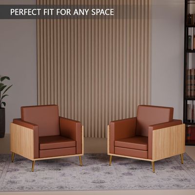 Mahmayi KD 3326 Stylish Single Seat Coco Bolo Wooden Sofa with Golden Legs and Comfortable PU Cushion, Durable and Space Saving Design, Ideal for Home, Office, Living Room and Lounge Area - Brown