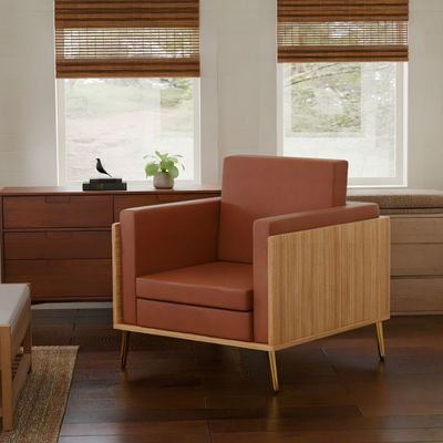 Mahmayi KD 3326 Stylish Single Seat Coco Bolo Wooden Sofa with Golden Legs and Comfortable PU Cushion, Durable and Space Saving Design, Ideal for Home, Office, Living Room and Lounge Area – Choco Brown