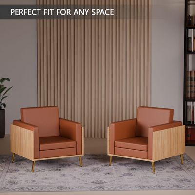 Mahmayi KD 3326 Stylish Single Seat Coco Bolo Wooden Sofa with Golden Legs and Comfortable PU Cushion, Durable and Space Saving Design, Ideal for Home, Office, Living Room and Lounge Area – Choco Brown
