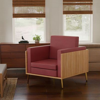 Mahmayi KD 3326 Stylish Single Seat Coco Bolo Wooden Sofa with Golden Legs and Comfortable PU Cushion, Durable and Space Saving Design, Ideal for Home, Office, Living Room and Lounge Area - Maroon