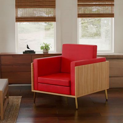 Mahmayi KD 3326 Stylish Single Seat Coco Bolo Wooden Sofa with Golden Legs and Comfortable PU Cushion, Durable and Space Saving Design, Ideal for Home, Office, Living Room and Lounge Area - Red
