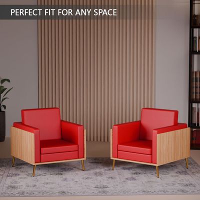 Mahmayi KD 3326 Stylish Single Seat Coco Bolo Wooden Sofa with Golden Legs and Comfortable PU Cushion, Durable and Space Saving Design, Ideal for Home, Office, Living Room and Lounge Area - Red