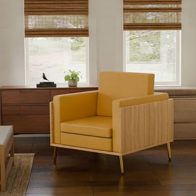 Mahmayi KD 3326 Stylish Single Seat Coco Bolo Wooden Sofa with Golden Legs and Comfortable PU Cushion, Durable and Space Saving Design, Ideal for Home, Office, Living Room and Lounge Area - Sandal