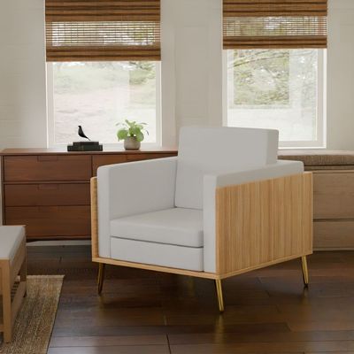 Mahmayi KD 3326 Stylish Single Seat Coco Bolo Wooden Sofa with Golden Legs and Comfortable PU Cushion, Durable and Space Saving Design, Ideal for Home, Office, Living Room and Lounge Area - White