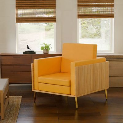 Mahmayi KD 3326 Stylish Single Seat Coco Bolo Wooden Sofa with Golden Legs and Comfortable PU Cushion, Durable and Space Saving Design, Ideal for Home, Office, Living Room and Lounge Area - Yellow