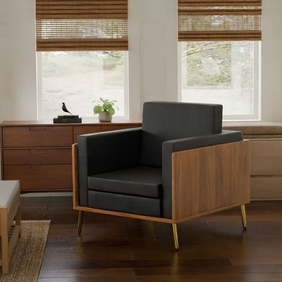 Mahmayi KD 3326 Stylish Single Seat Natural Dijon Walnut Wooden Sofa with Golden Legs and Comfortable PU Cushion, Durable and Space Saving Design, Ideal for Home, Office, Living Room and Lounge Area - Black