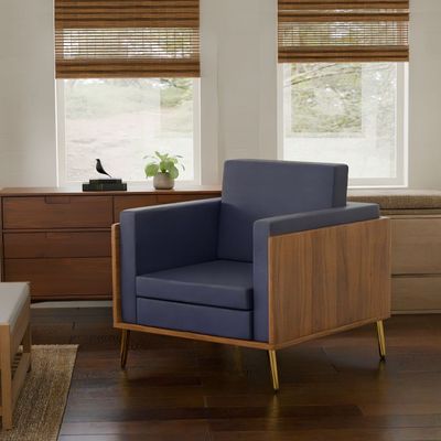 Mahmayi KD 3326 Stylish Single Seat Natural Dijon Walnut Wooden Sofa with Golden Legs and Comfortable PU Cushion, Durable and Space Saving Design, Ideal for Home, Office, Living Room and Lounge Area - Blue