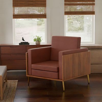 Mahmayi KD 3326 Stylish Single Seat Natural Dijon Walnut Wooden Sofa with Golden Legs and Comfortable PU Cushion, Durable and Space Saving Design, Ideal for Home, Office, Living Room and Lounge Area - Brown