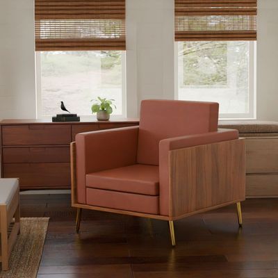 Mahmayi KD 3326 Stylish Single Seat Natural Dijon Walnut Wooden Sofa with Golden Legs and Comfortable PU Cushion, Durable and Space Saving Design, Ideal for Home, Office, Living Room and Lounge Area - Choco Brown