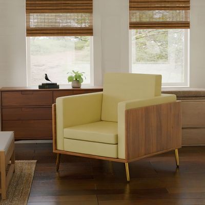 Mahmayi KD 3326 Stylish Single Seat Natural Dijon Walnut Wooden Sofa with Golden Legs and Comfortable PU Cushion, Durable and Space Saving Design, Ideal for Home, Office, Living Room and Lounge Area - Light Sandal