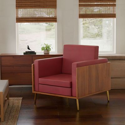 Mahmayi KD 3326 Stylish Single Seat Natural Dijon Walnut Wooden Sofa with Golden Legs and Comfortable PU Cushion, Durable and Space Saving Design, Ideal for Home, Office, Living Room and Lounge Area - Maroon