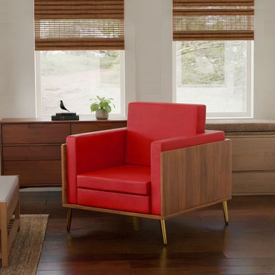 Mahmayi KD 3326 Stylish Single Seat Natural Dijon Walnut Wooden Sofa with Golden Legs and Comfortable PU Cushion, Durable and Space Saving Design, Ideal for Home, Office, Living Room and Lounge Area - Red