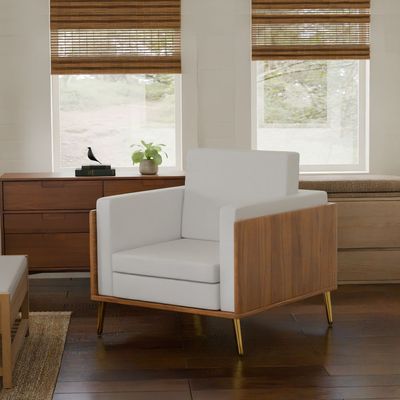 Mahmayi KD 3326 Stylish Single Seat Natural Dijon Walnut Wooden Sofa with Golden Legs and Comfortable PU Cushion, Durable and Space Saving Design, Ideal for Home, Office, Living Room and Lounge Area - White