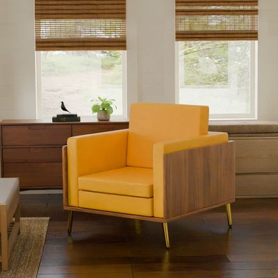 Mahmayi KD 3326 Stylish Single Seat Natural Dijon Walnut Wooden Sofa with Golden Legs and Comfortable PU Cushion, Durable and Space Saving Design, Ideal for Home, Office, Living Room and Lounge Area - Yellow