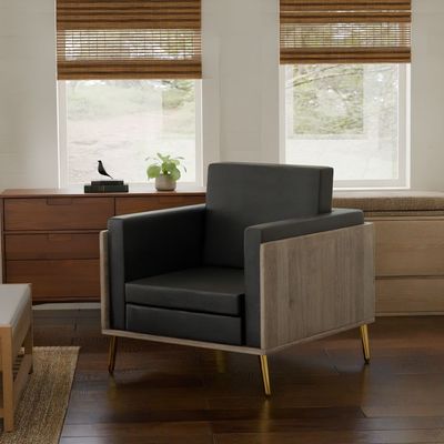 Mahmayi KD 3326 Stylish Single Seat Truffle Davos Oak Wooden Sofa with Golden Legs and Comfortable PU Cushion, Durable and Space Saving Design, Ideal for Home, Office, Living Room and Lounge Area - Black