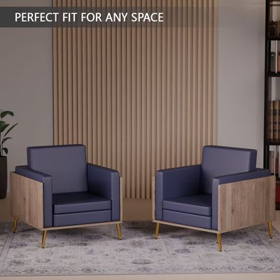 Mahmayi KD 3326 Stylish Single Seat Truffle Davos Oak Wooden Sofa with Golden Legs and Comfortable PU Cushion, Durable and Space Saving Design, Ideal for Home, Office, Living Room and Lounge Area - Blue