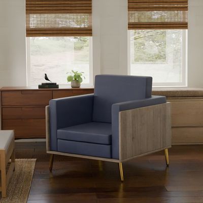 Mahmayi KD 3326 Stylish Single Seat Truffle Davos Oak Wooden Sofa with Golden Legs and Comfortable PU Cushion, Durable and Space Saving Design, Ideal for Home, Office, Living Room and Lounge Area - Blue