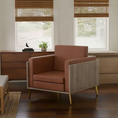 Mahmayi KD 3326 Stylish Single Seat Truffle Davos Oak Wooden Sofa with Golden Legs and Comfortable PU Cushion, Durable and Space Saving Design, Ideal for Home, Office, Living Room and Lounge Area - Brown