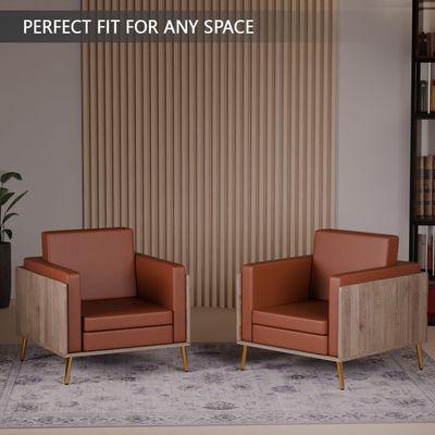 Mahmayi KD 3326 Stylish Single Seat Truffle Davos Oak Wooden Sofa with Golden Legs and Comfortable PU Cushion, Durable and Space Saving Design, Ideal for Home, Office, Living Room and Lounge Area - Brown