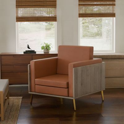 Mahmayi KD 3326 Stylish Single Seat Truffle Davos Oak Wooden Sofa with Golden Legs and Comfortable PU Cushion, Durable and Space Saving Design, Ideal for Home, Office, Living Room and Lounge Area - Choco Brown