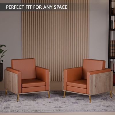 Mahmayi KD 3326 Stylish Single Seat Truffle Davos Oak Wooden Sofa with Golden Legs and Comfortable PU Cushion, Durable and Space Saving Design, Ideal for Home, Office, Living Room and Lounge Area - Choco Brown